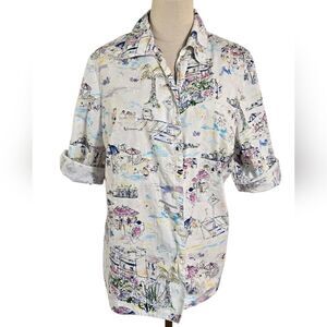 Alia White Colorful Beach Theme Illustrated Button-Up Shirt